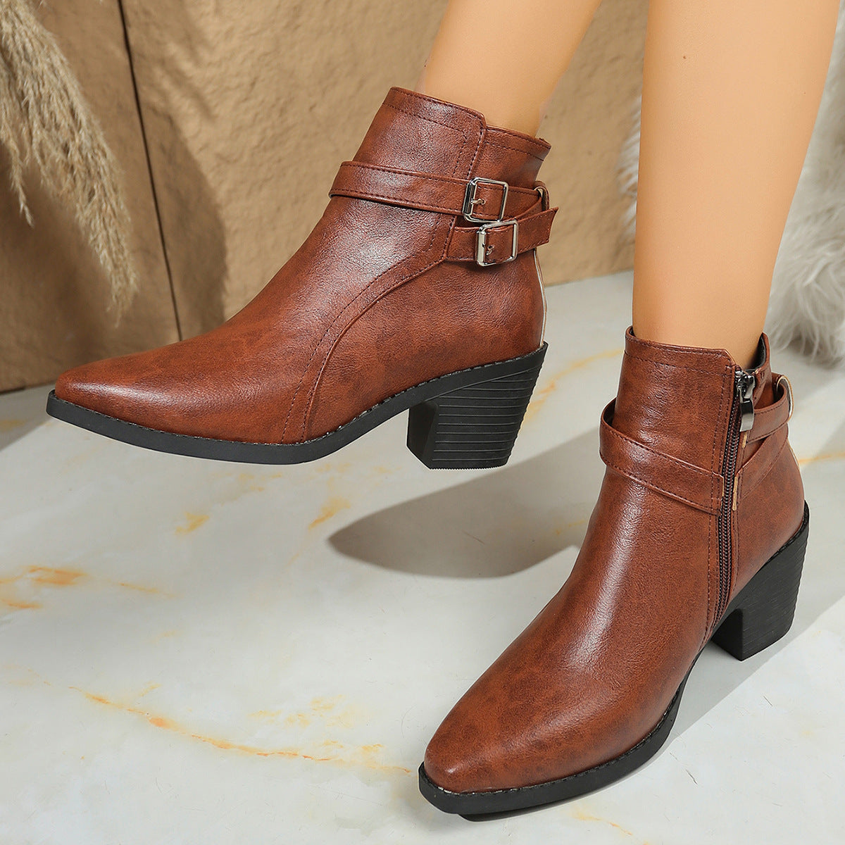 Women's Leather Belt Buckle Ankle Boots