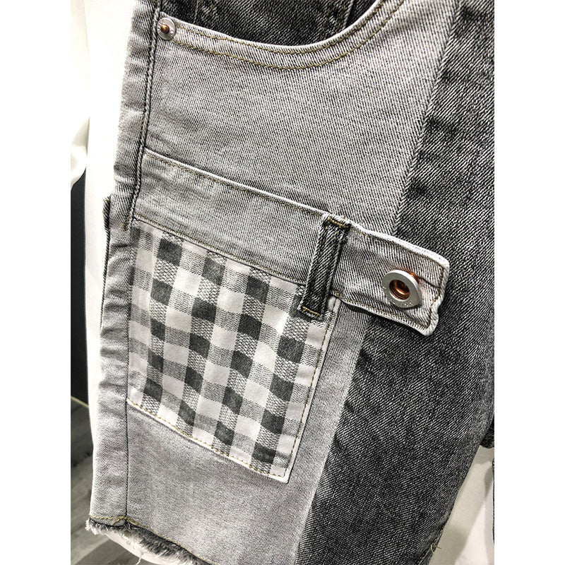 Summer Gray Denim Patchwork Plaid Hip-Hop Shorts