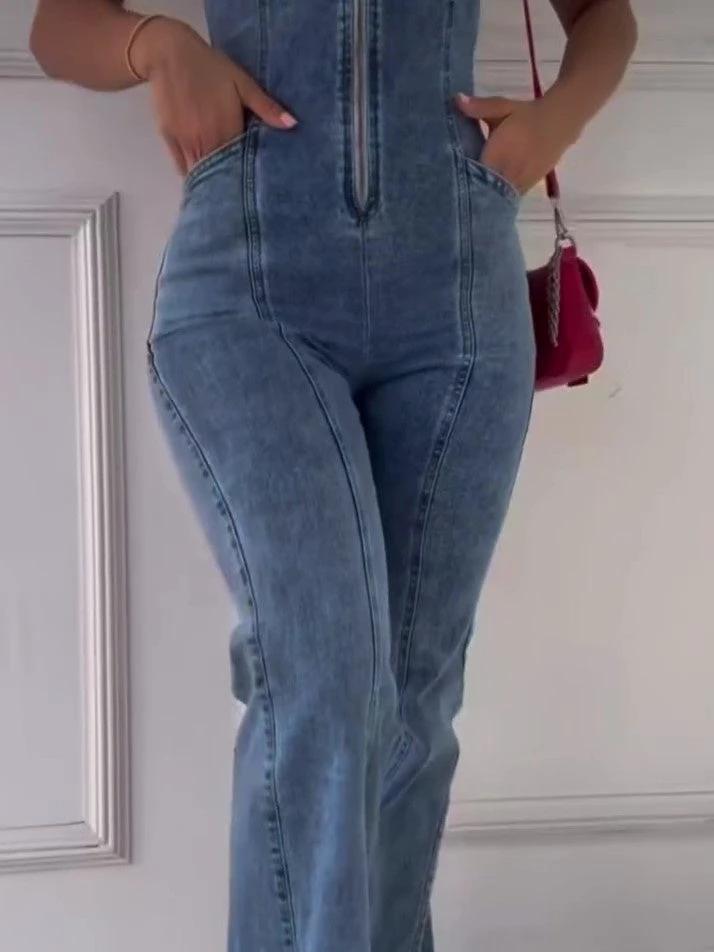 Sleeveless Paneled Zipper Denim Jumpsuit