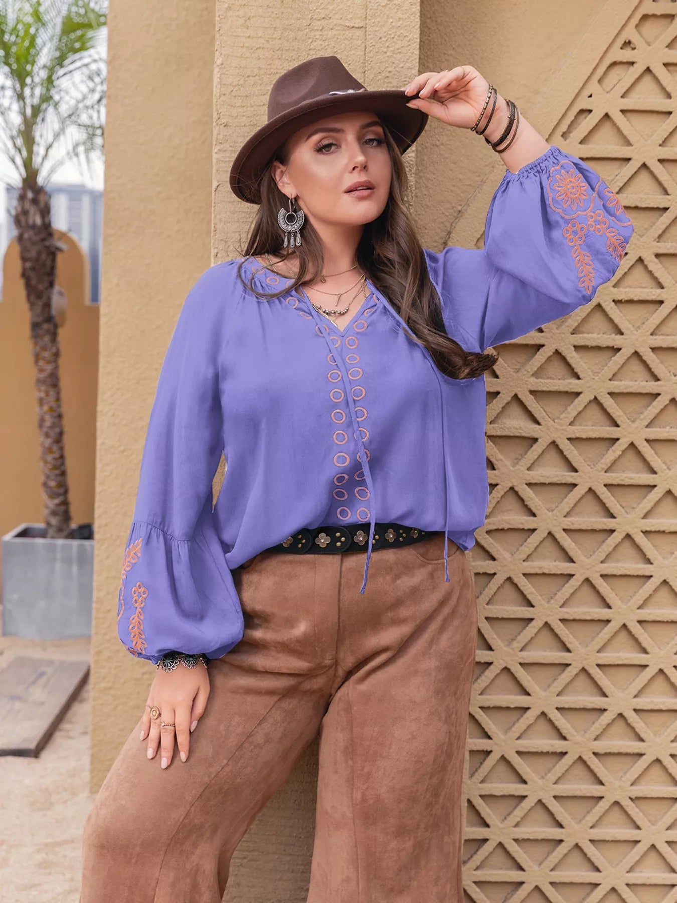 Plus Size Boho Embroidered Long Sleeve Blouse See size chart under “more details”