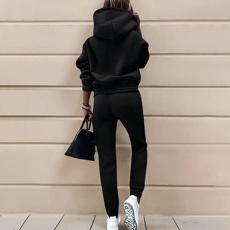 Conjunto de sudadera con capucha y pantalón de dos piezas de color liso para mujer
