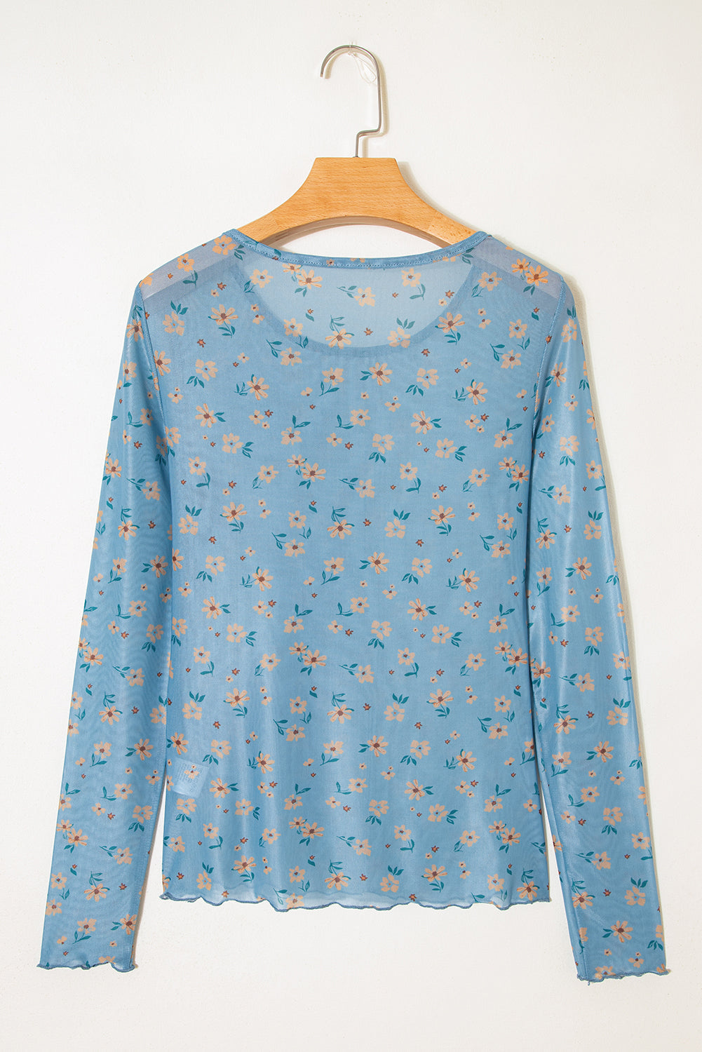 Top de manga larga de malla estilo sureño con estampado floral vintage azul cielo