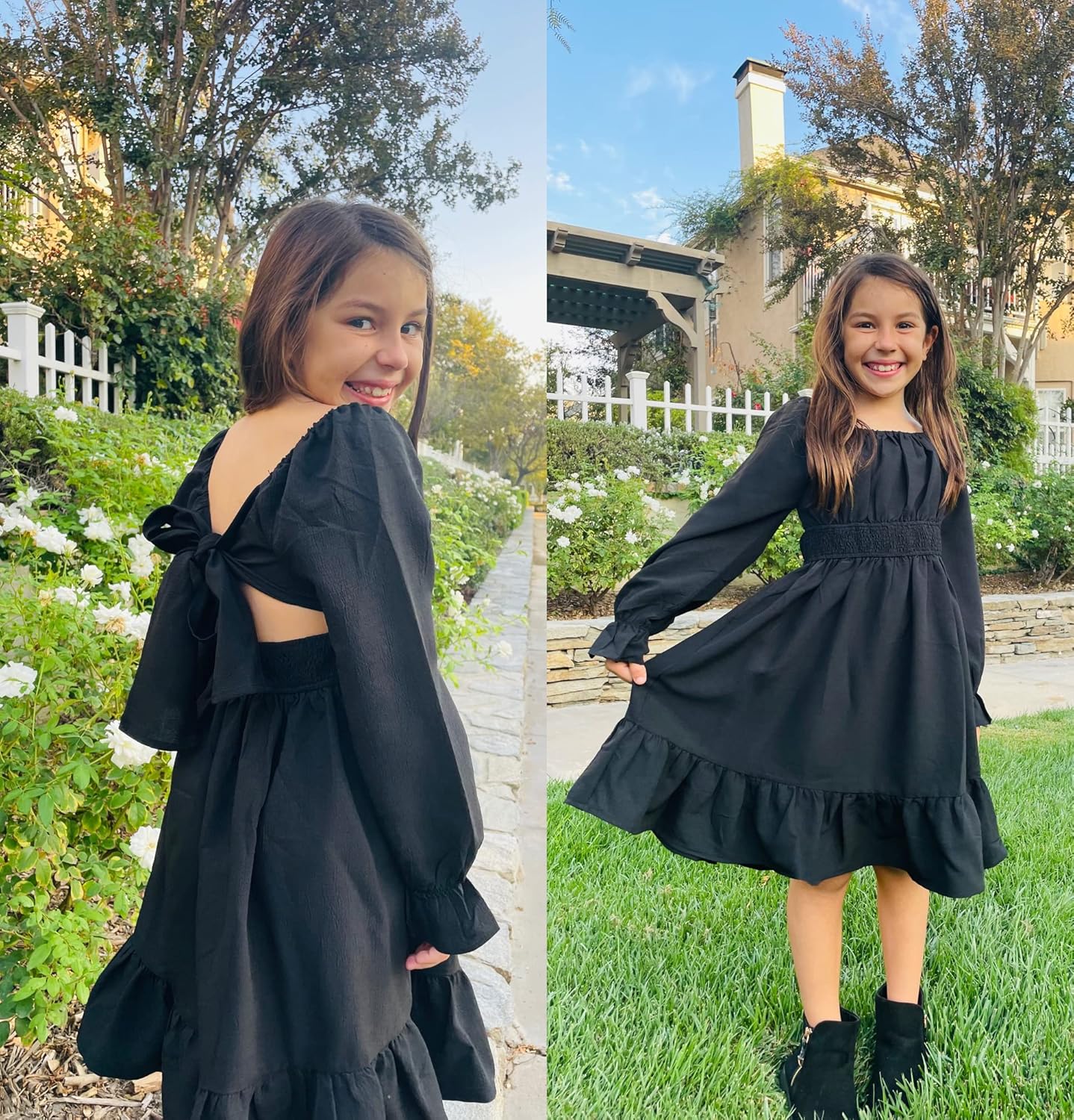 Arshiner Girls Dresses Long Sleeve Tie Back Fall Winter Off Shoulder Dress Kids Clothes