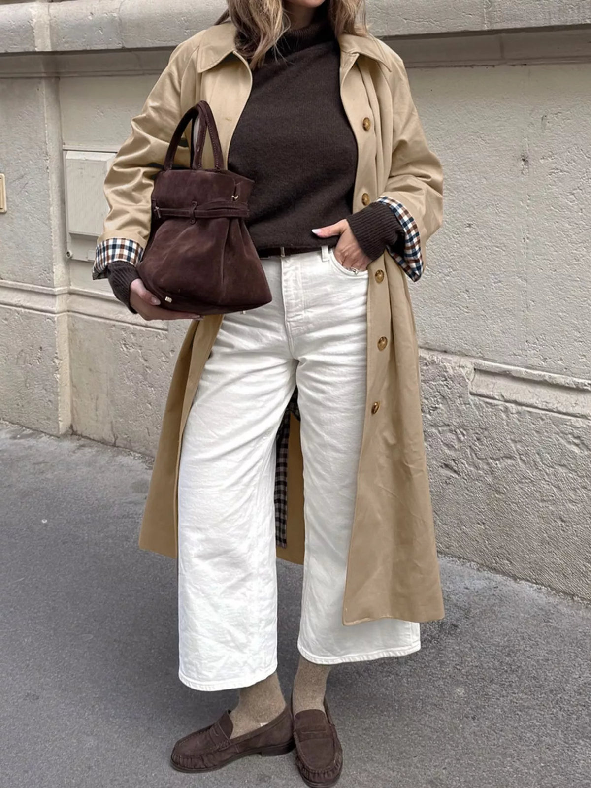 Checkered Lining Button Up Trench Coat