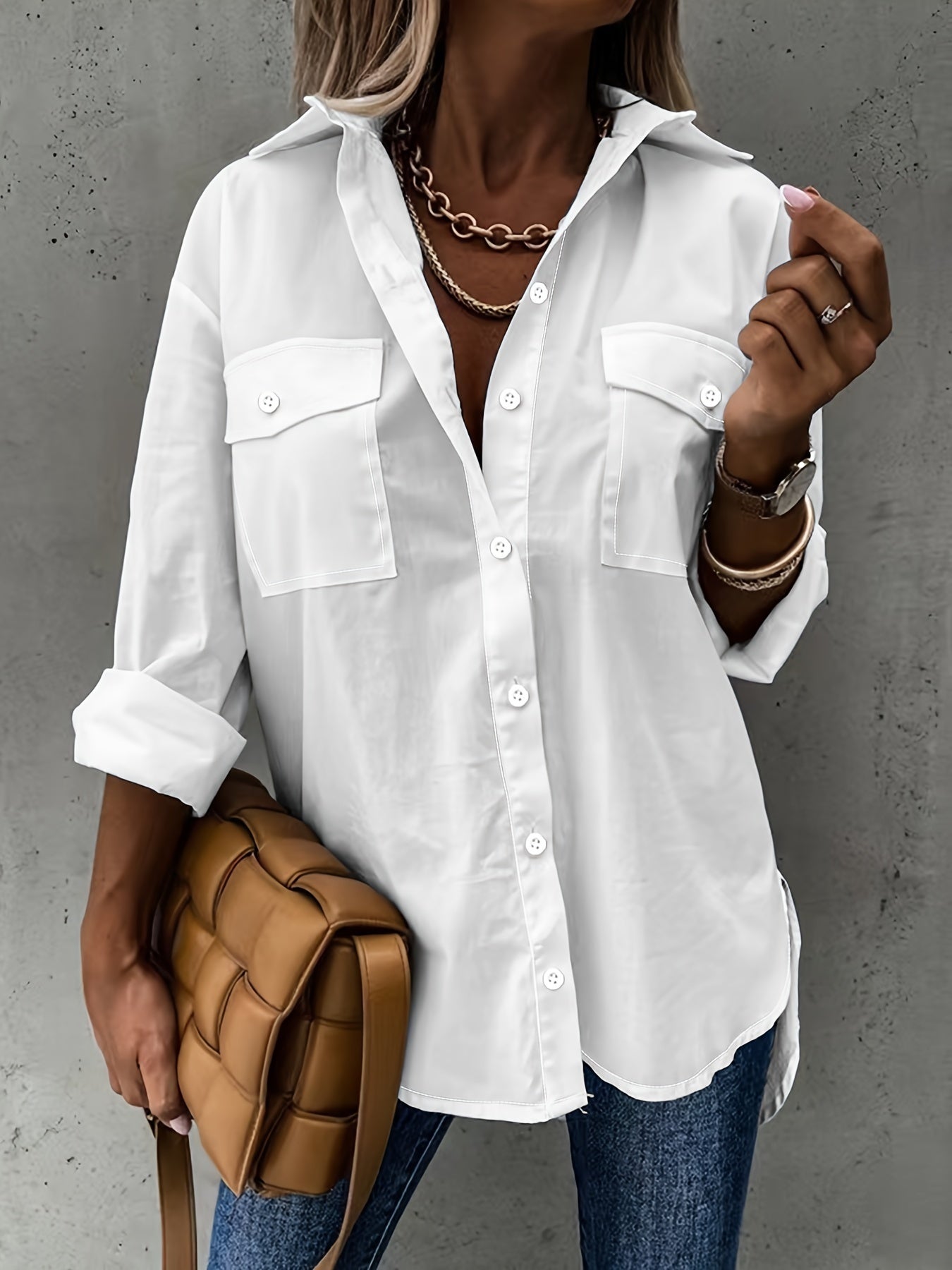 Camisa de manga larga informal para mujer con bolsillo