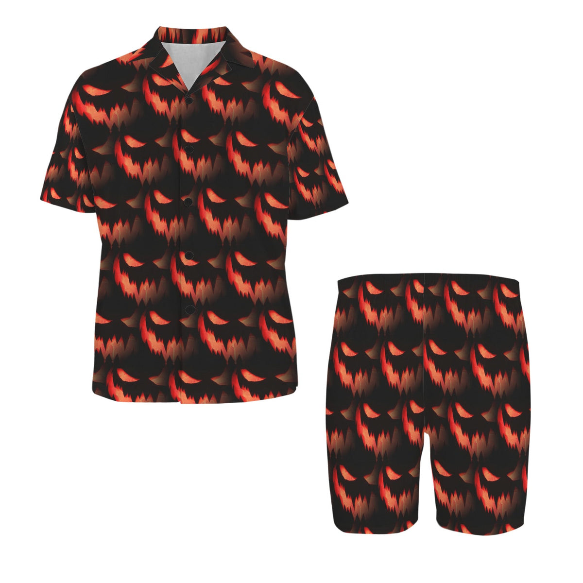 Orange Spooky Face Pattern Men's V-Neck Short Pajama Set