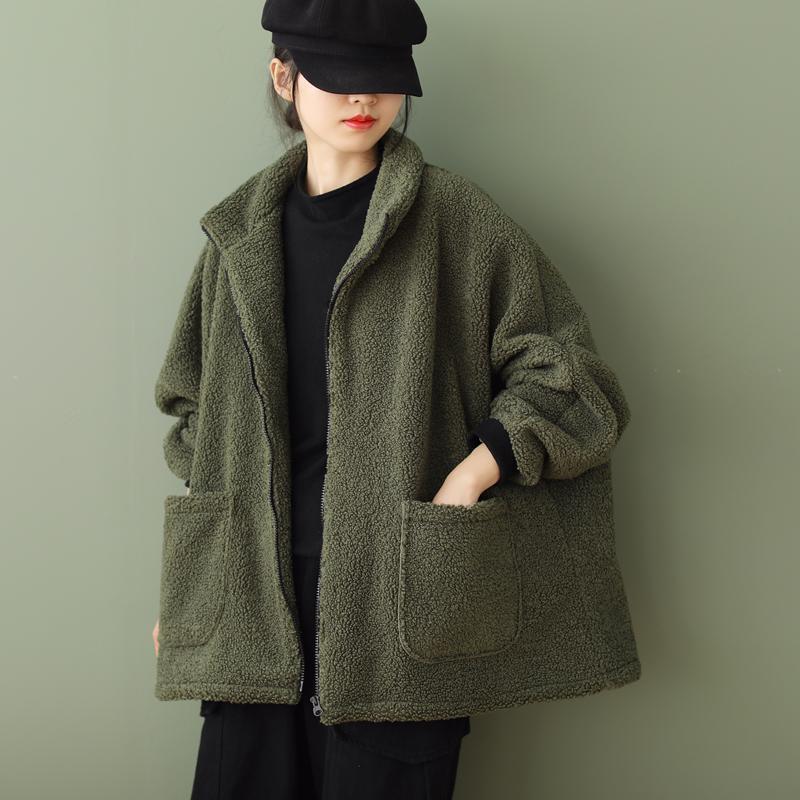 Plus-size Loose-fitting Long-sleeve Womens Casual Lambswool Coat