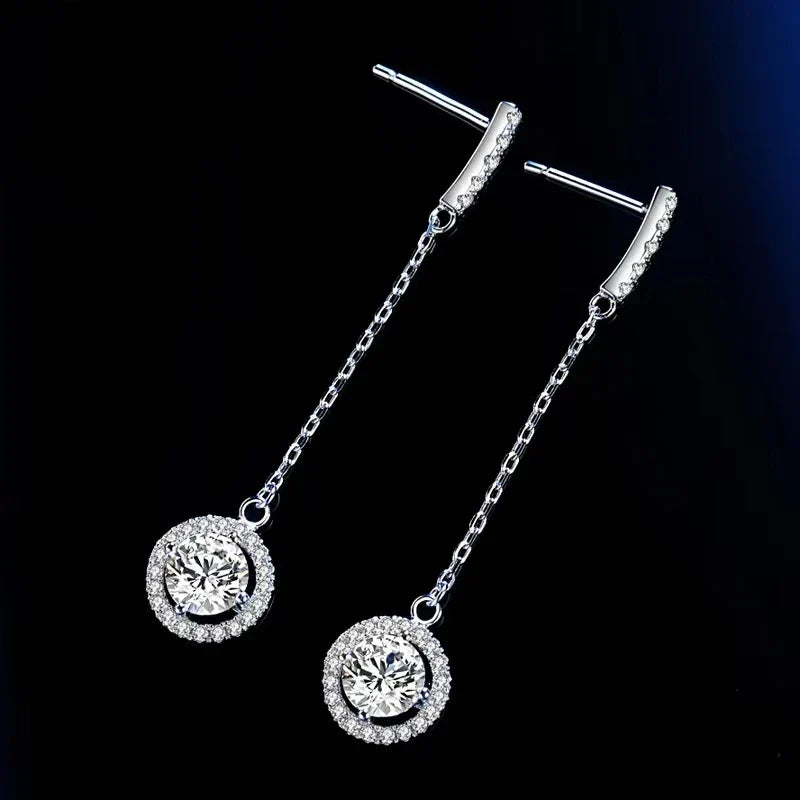 925 Sterling Silver 1Ct Moissanite Round Drop Tassel Earrings For Women
