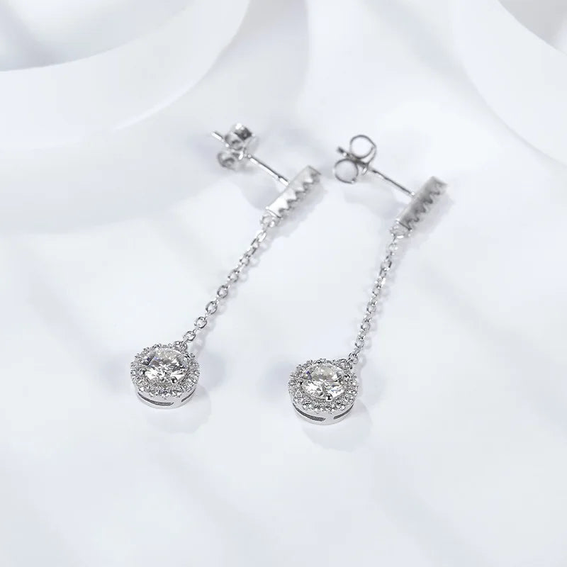 925 Sterling Silver 1Ct Moissanite Round Drop Tassel Earrings For Women