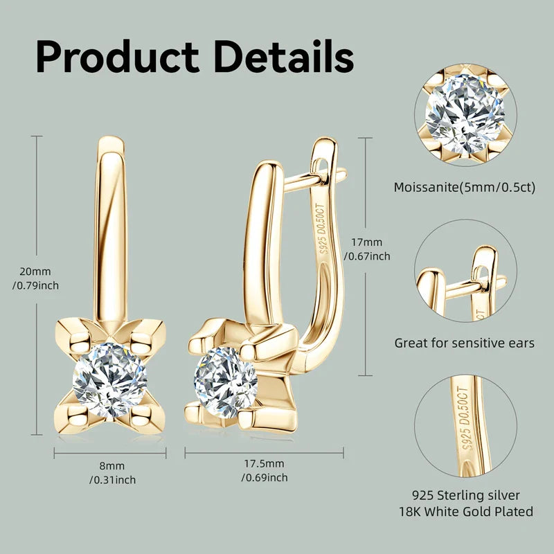 925 Sterling Silver 5mm D-Color Moissanite Huggie Hoop Earrings For Women