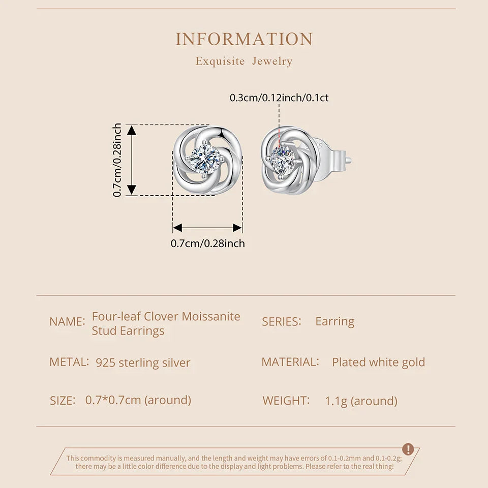 925 Sterling Silver Moissanite Four-Leaf Clover Stud Earrings Hollow Flower