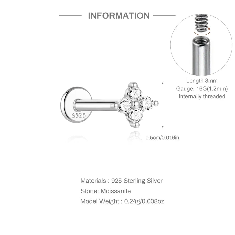 925 Sterling Silver Mini Moissanite Four-Claw Screw Stud Earrings For Women