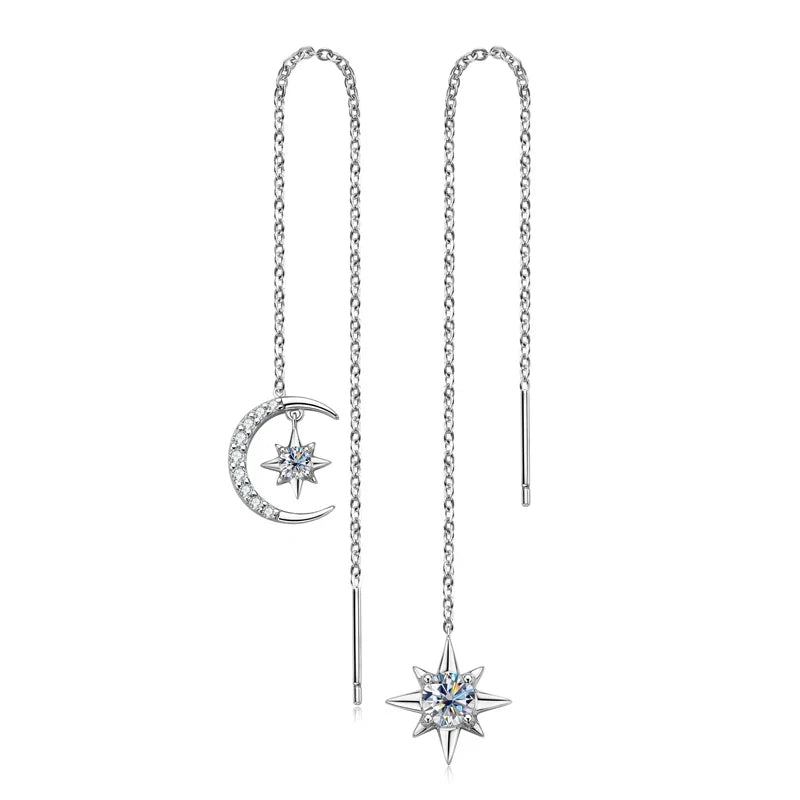 Star & Moon Moissanite Chain Threader Earrings
