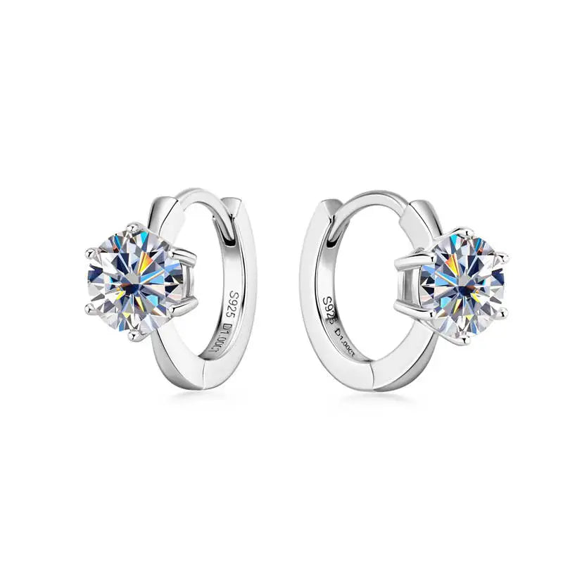 925 Sterling Silver Moissanite Clip-On Earrings Round Six-Prong White Gold