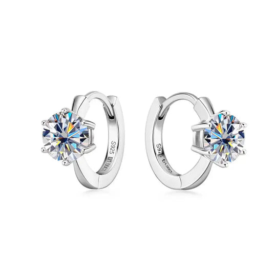 925 Sterling Silver Moissanite Clip-On Earrings Round Six-Prong White Gold