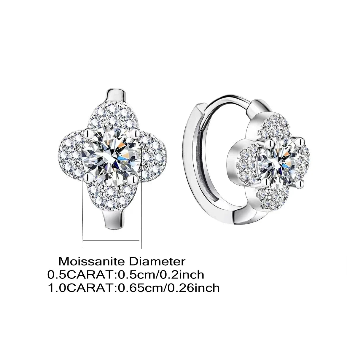 925 Sterling Silver Moissanite Clover Earrings 1ct Dainty Hoop Luxury