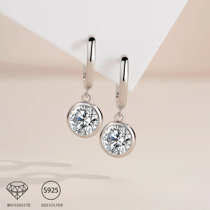 Bezel Moissanite Hoop Drop Earrings in Sterling Silver