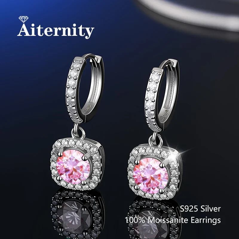 Square & Round Halo Colored Moissanite Hoop Drop Earrings