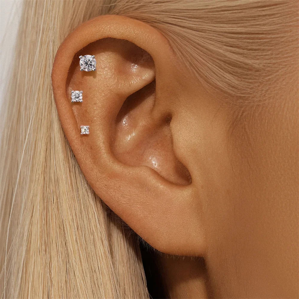 925 Sterling Silver Mini Moissanite Four-Claw Screw Stud Earrings For Women