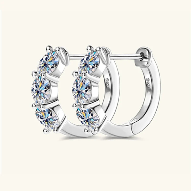 Three-Stone Moissanite Hoop Earrings in Sterling Silver