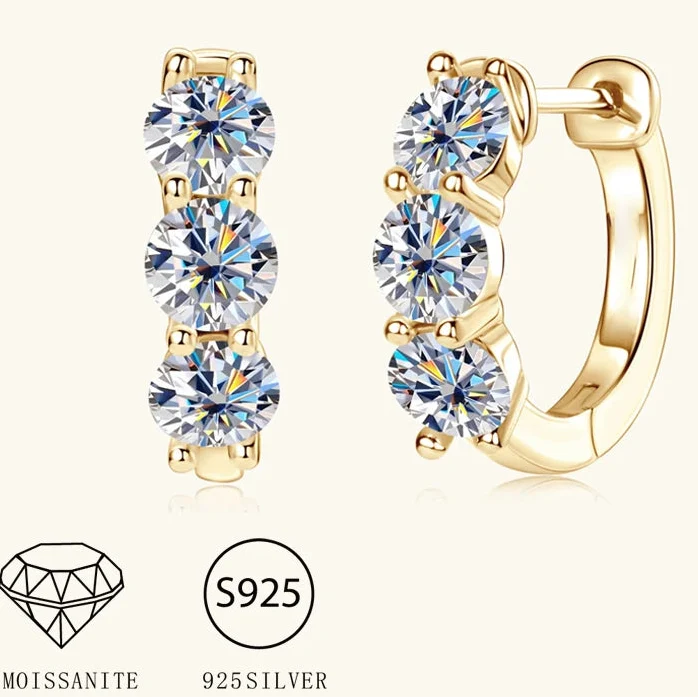 Three-Stone Moissanite Hoop Earrings in Sterling Silver