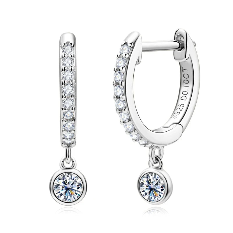 Bezel Drop Moissanite Huggie Earrings in Sterling Silver