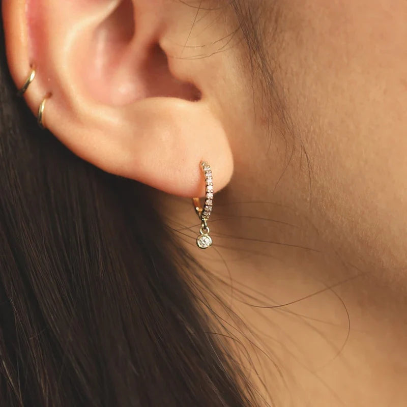 Bezel Drop Moissanite Huggie Earrings in Sterling Silver