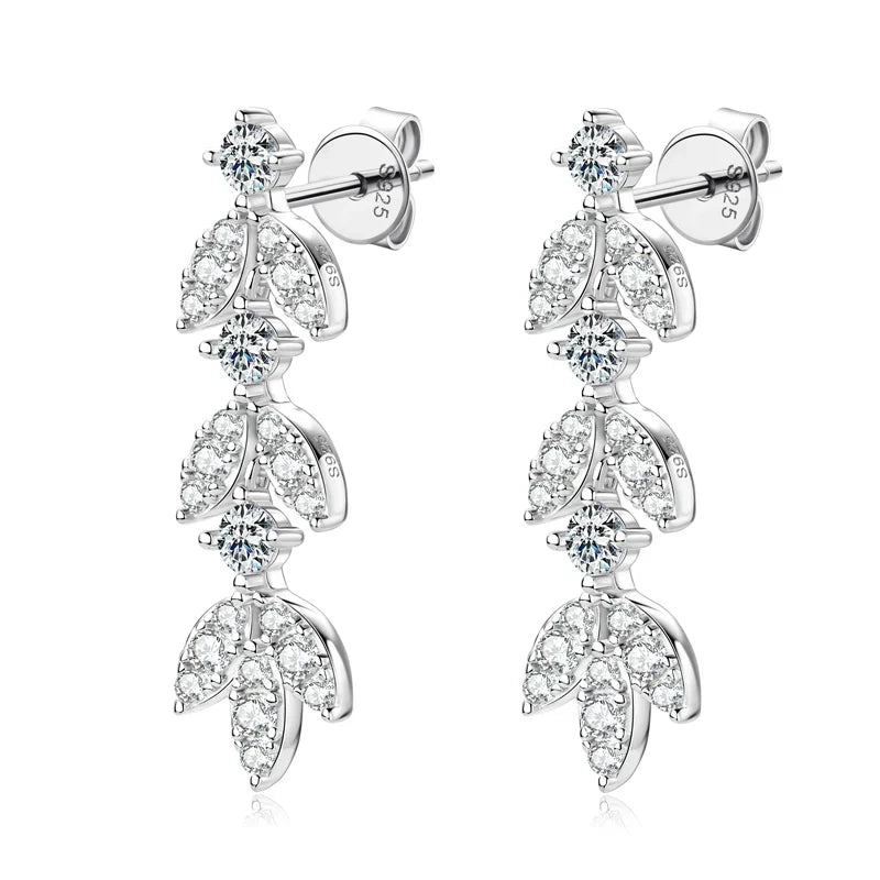Moissanite Leaf Drop Earrings with Zircon Accents in Silver