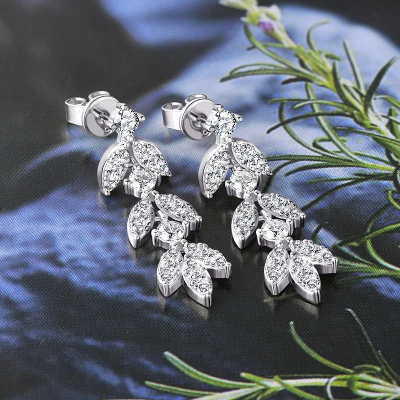 Moissanite Leaf Drop Earrings with Zircon Accents in Silver