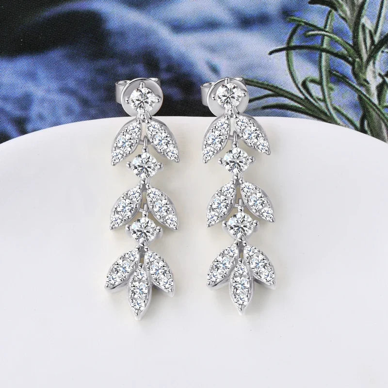 Moissanite Leaf Drop Earrings with Zircon Accents in Silver