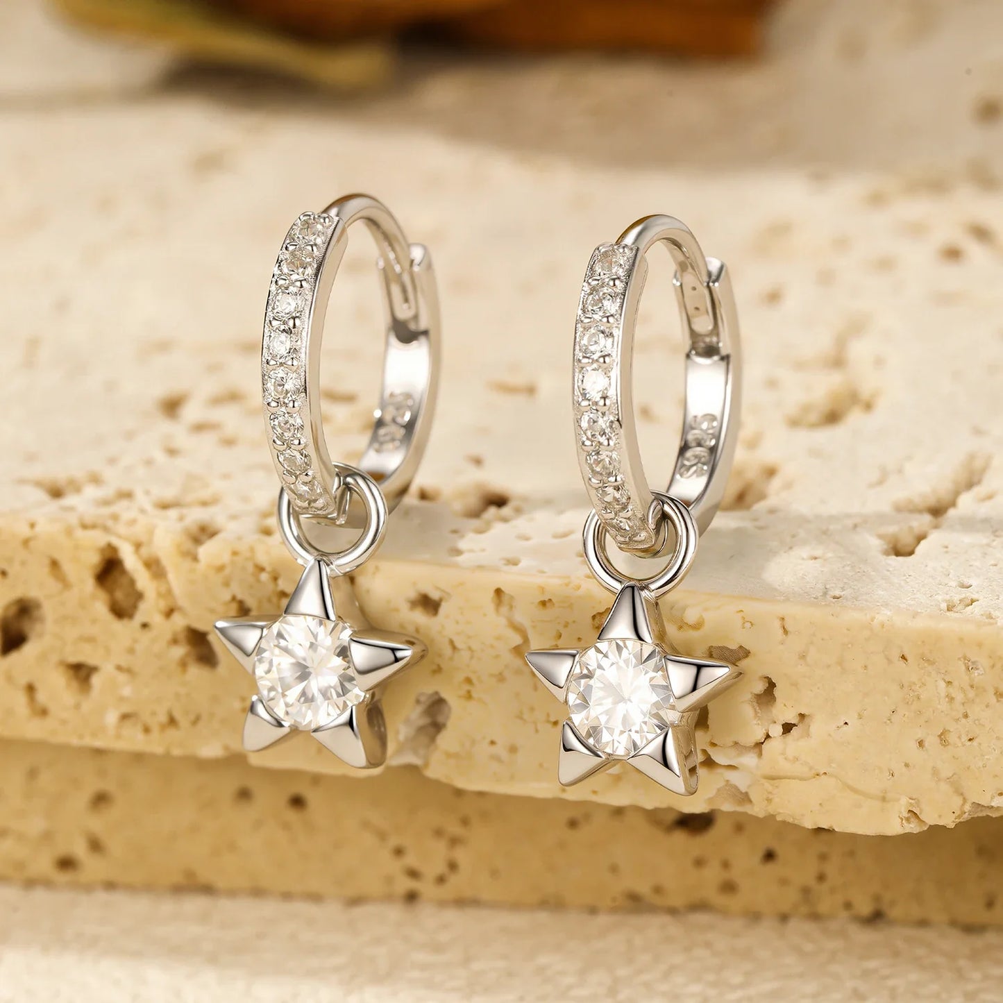925 Sterling Silver Moissanite Star Hoop Earrings D Color Shiny For Women