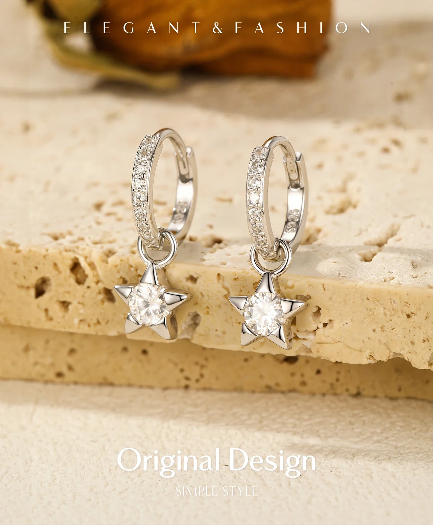 925 Sterling Silver Moissanite Star Hoop Earrings D Color Shiny For Women