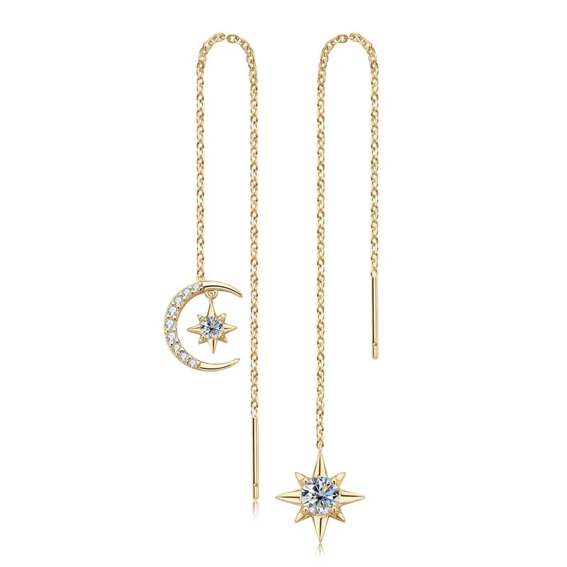 Star & Moon Moissanite Chain Threader Earrings
