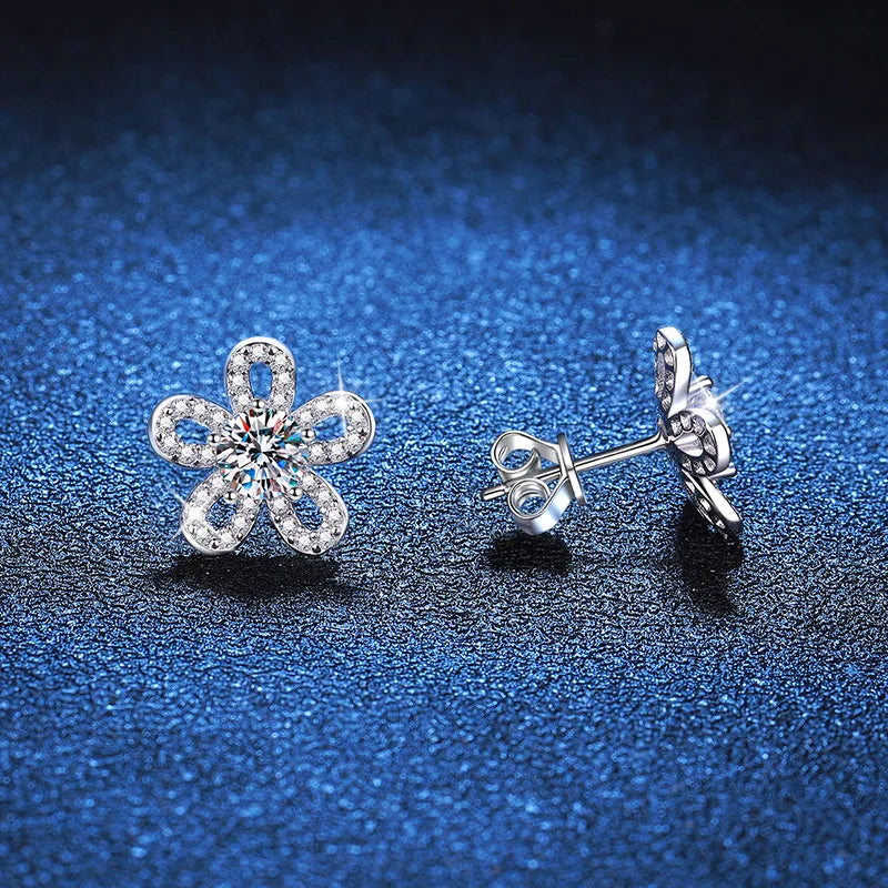Five-Petal Flower Moissanite Stud Earrings in Silver