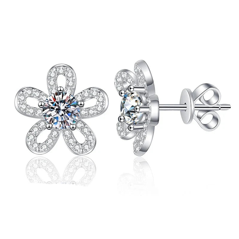 Five-Petal Flower Moissanite Stud Earrings in Silver
