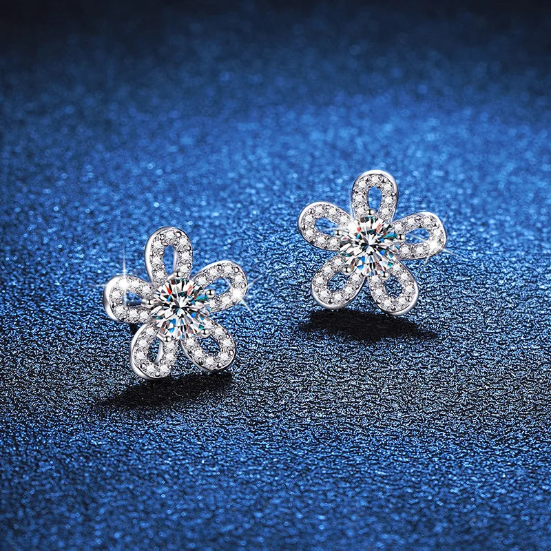 Five-Petal Flower Moissanite Stud Earrings in Silver