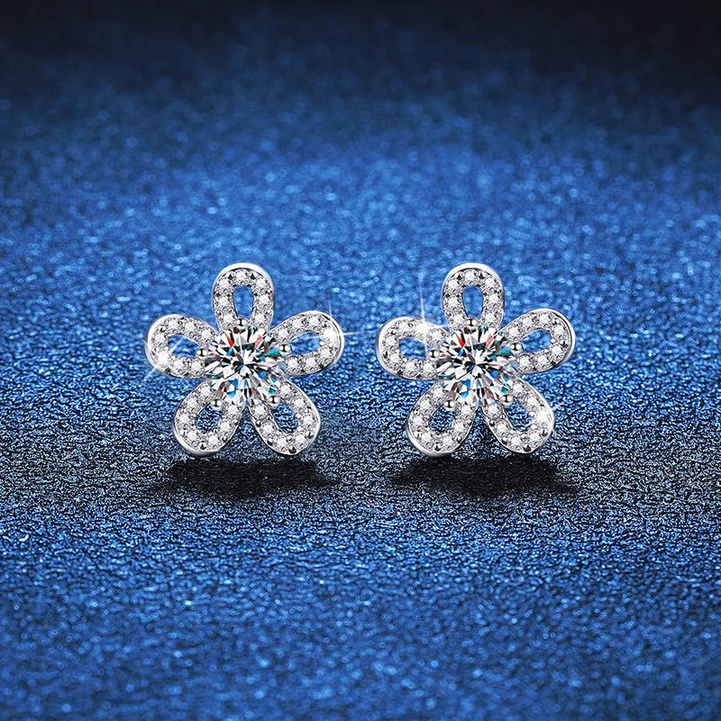 Five-Petal Flower Moissanite Stud Earrings in Silver