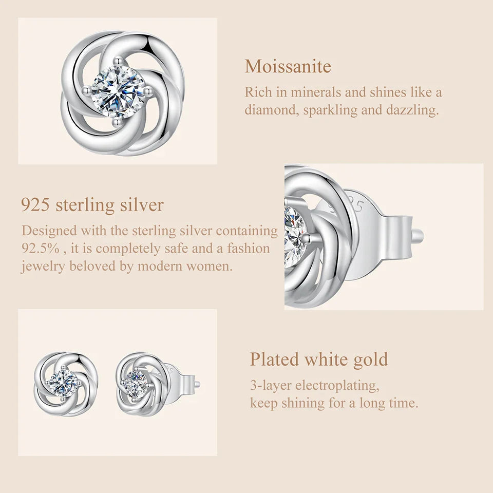 925 Sterling Silver Moissanite Four-Leaf Clover Stud Earrings Hollow Flower