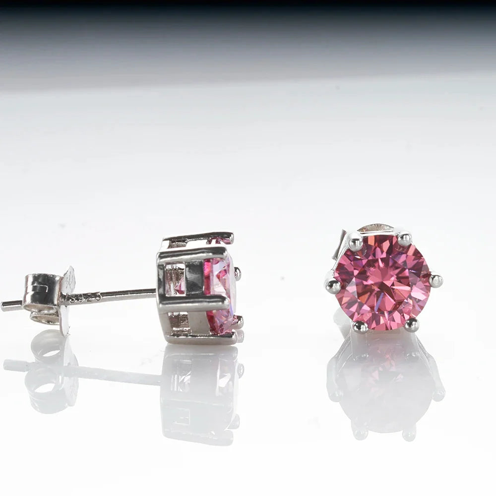 925 Sterling Silver Moissanite Stud Earrings Round VVS1 Pink Yellow Gift
