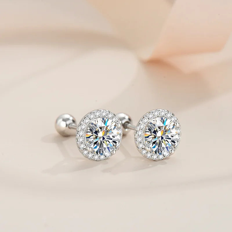 925 Sterling Silver Moissanite Stud Earrings 0.5/1 Ct Round Screw Unisex