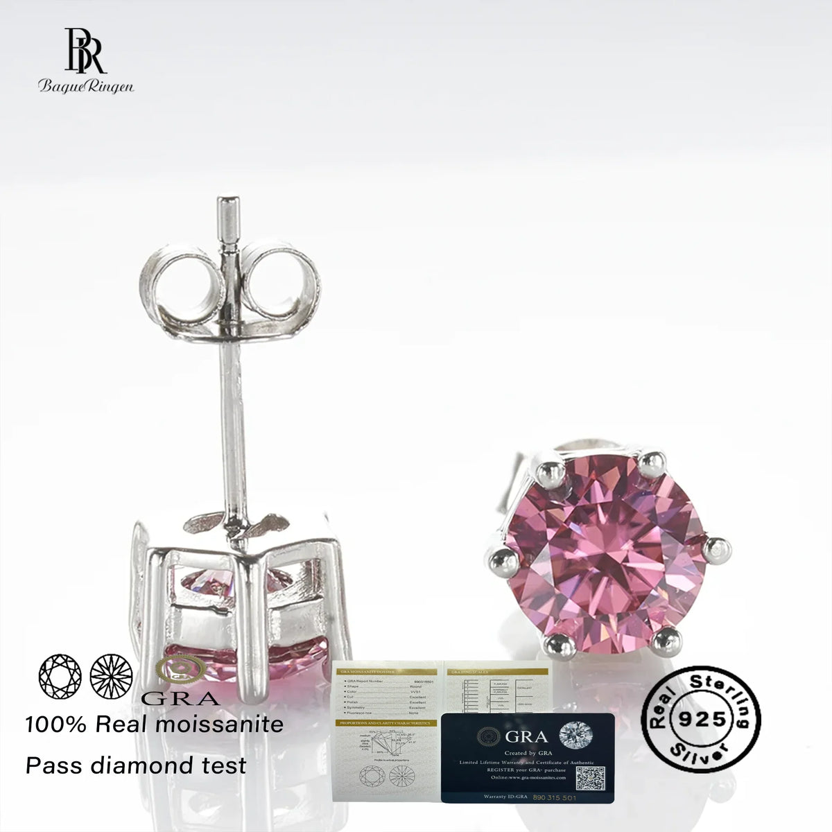 925 Sterling Silver Moissanite Stud Earrings Round VVS1 Pink Yellow Gift