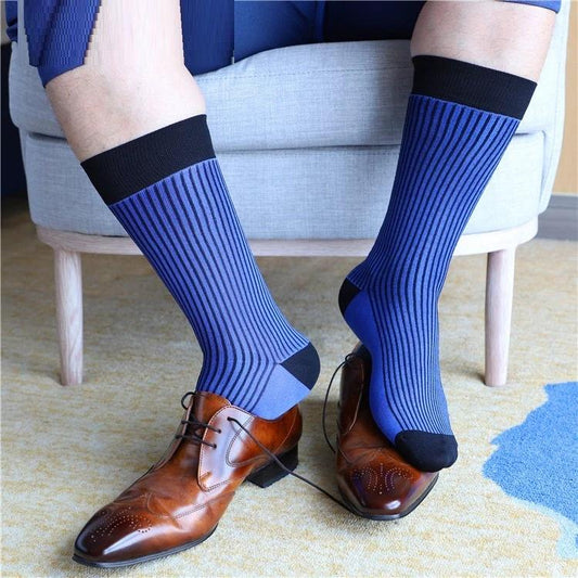 Calcetines de vestir a media pantorrilla para hombre, azules a rayas