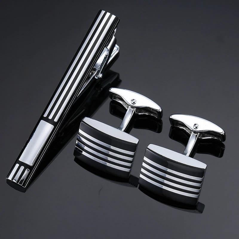 Gold Silver Black Square Brushed Tie Clip And Cufflinks