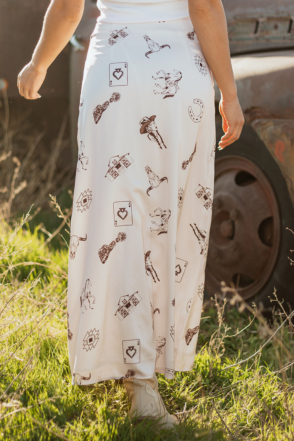 White Western Print Satin Long Skirt