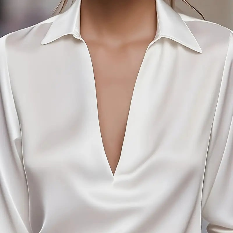 Elegante Blusa Formal de Manga Larga con Cuello en V y Acabado Satinado para Mujer
