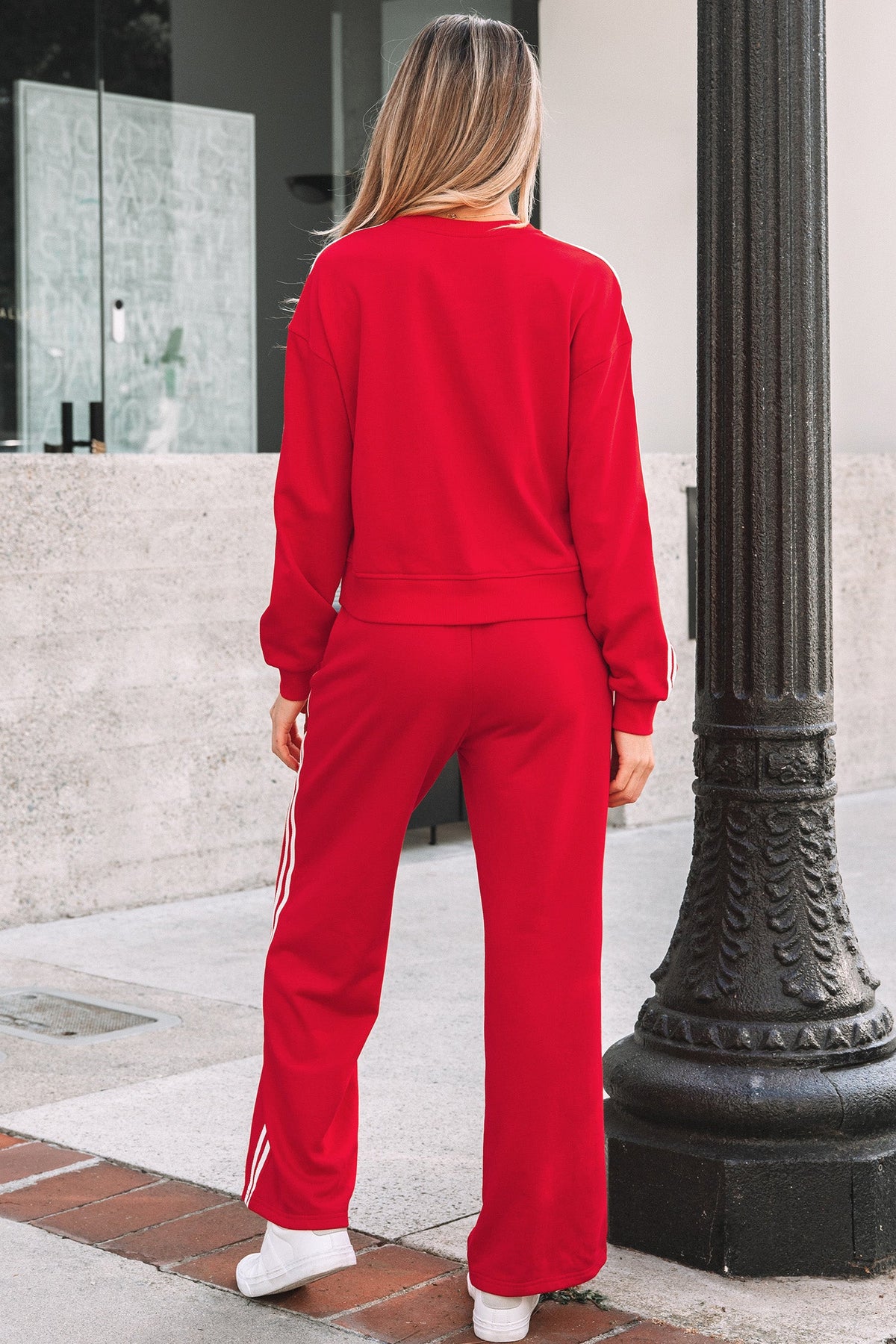 Fiery Red Varsity Striped Crewneck Pullover and Elastic Sweatpants Outfit