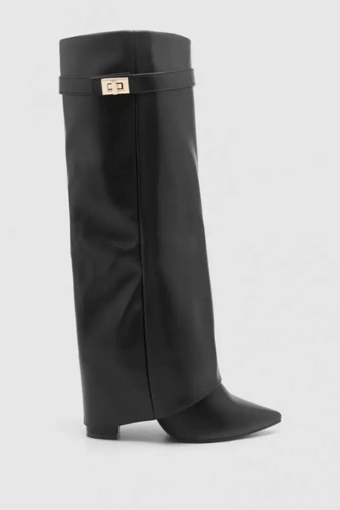 Women's Pointed-Toe Mid-Calf Buckle Boots