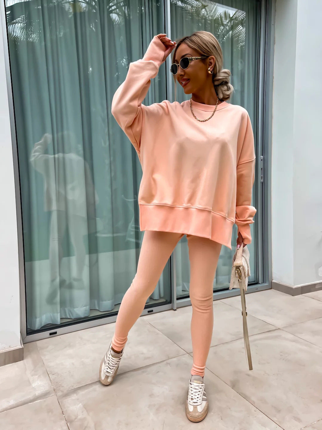 Traje de suéter informal para mujer – Conjunto de top suelto con aberturas y pantalones ajustados