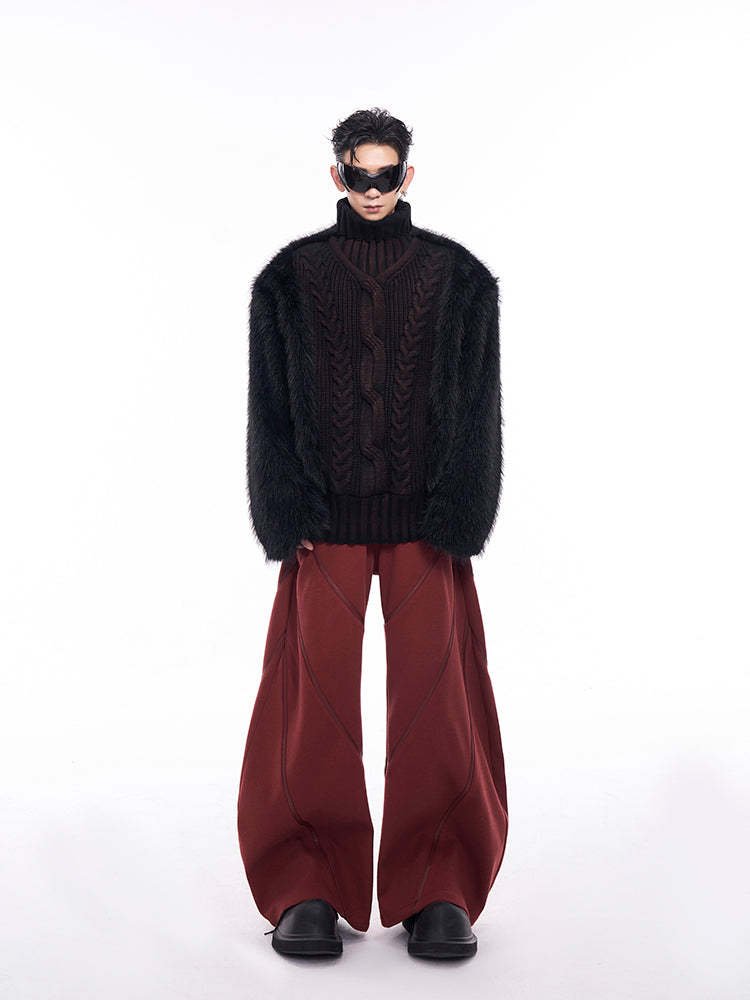 Brushed Lining Thick Fur Patchwork Turtleneck Sweater For Men