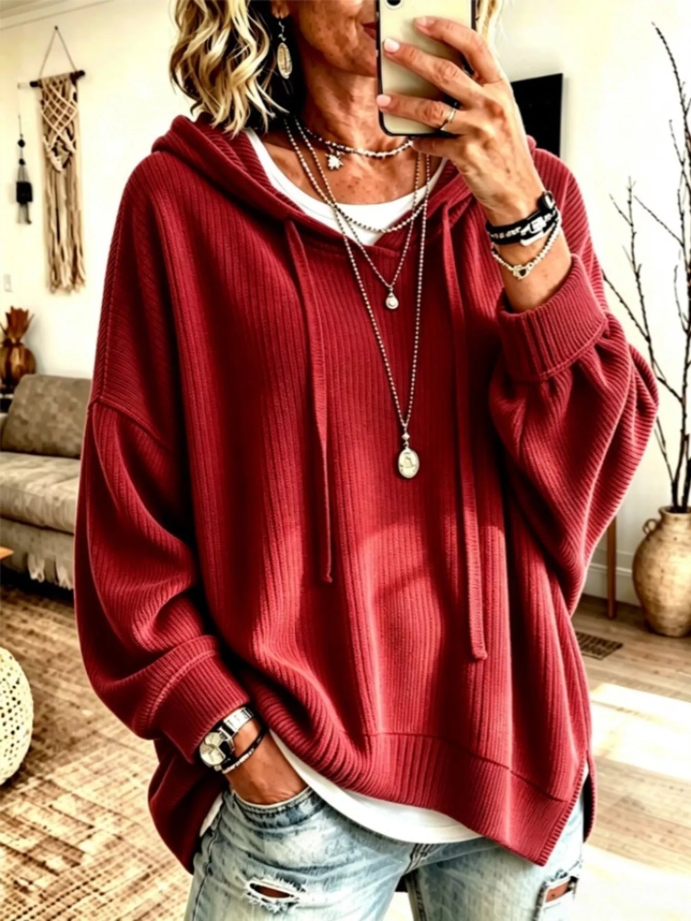 Drawstring Ribbed Knit Hoodie